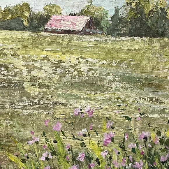 Green and Pink Impressionist Meadow Painting - Picture 4 of 7